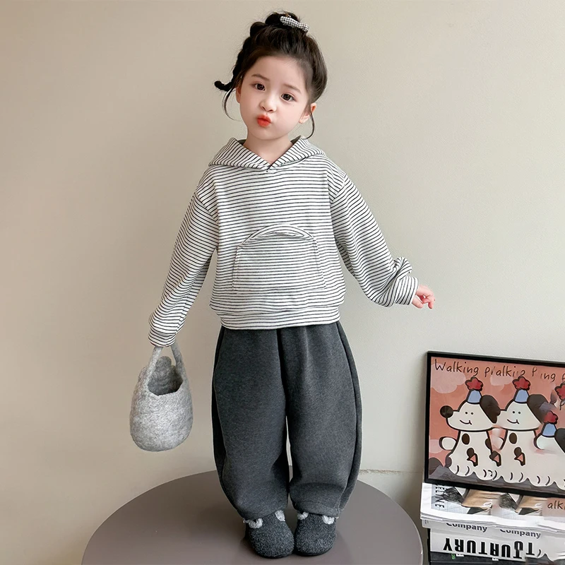 

Girls' Spring Autumn Tops Pants Two Piece Stripe Long Sleeve Loose Trousers Trendy Korean Version Casual Hoodie Children Clothes