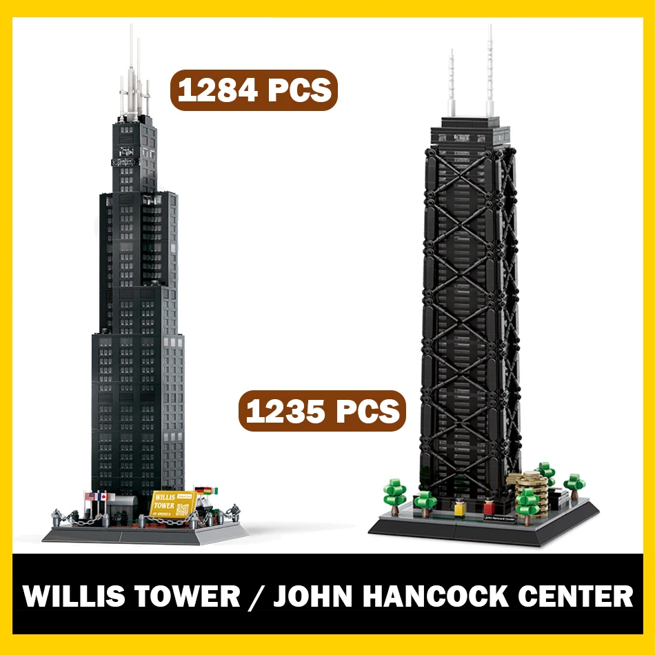 

MOC World Famous Architecture Chicago John Hancock Center Willis Tower Building Blocks Construction DIY Bricks Toy for Kids Gift