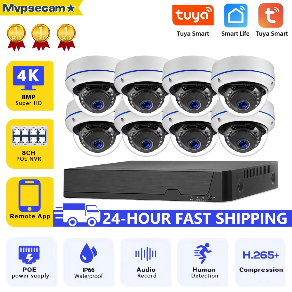 

TUYA 4K Ultra HD POE Video Surveillance System 8CH NVR Recorder With 8MP Security Camera CCTV Kit Audio Recording Dome Ip camera