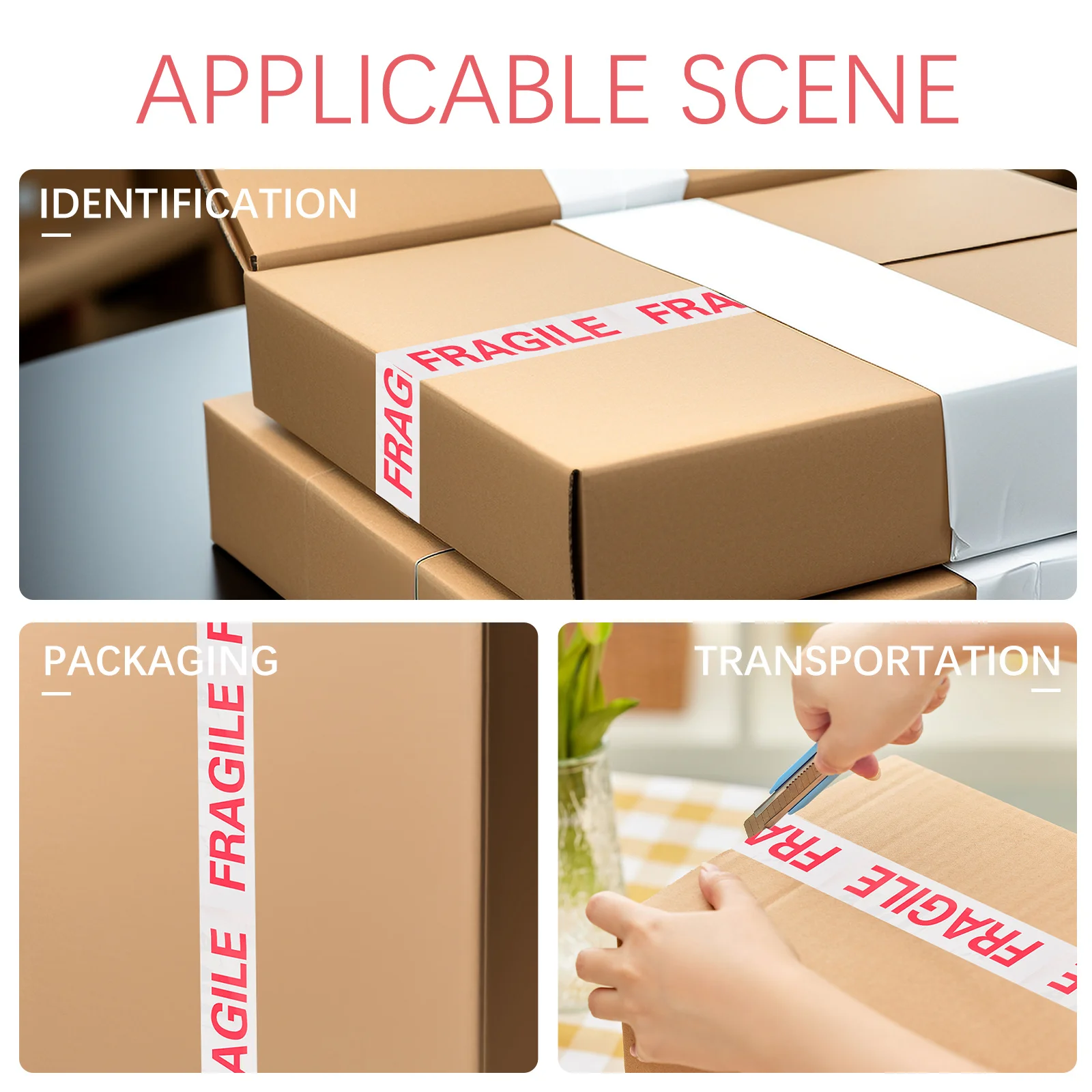 1 롤 깨지기 쉬운 경고 테이프 배송용 무거운 짐 포장 테이프 이동 상자용 안전 접착제 가시성 경고 포장 용품