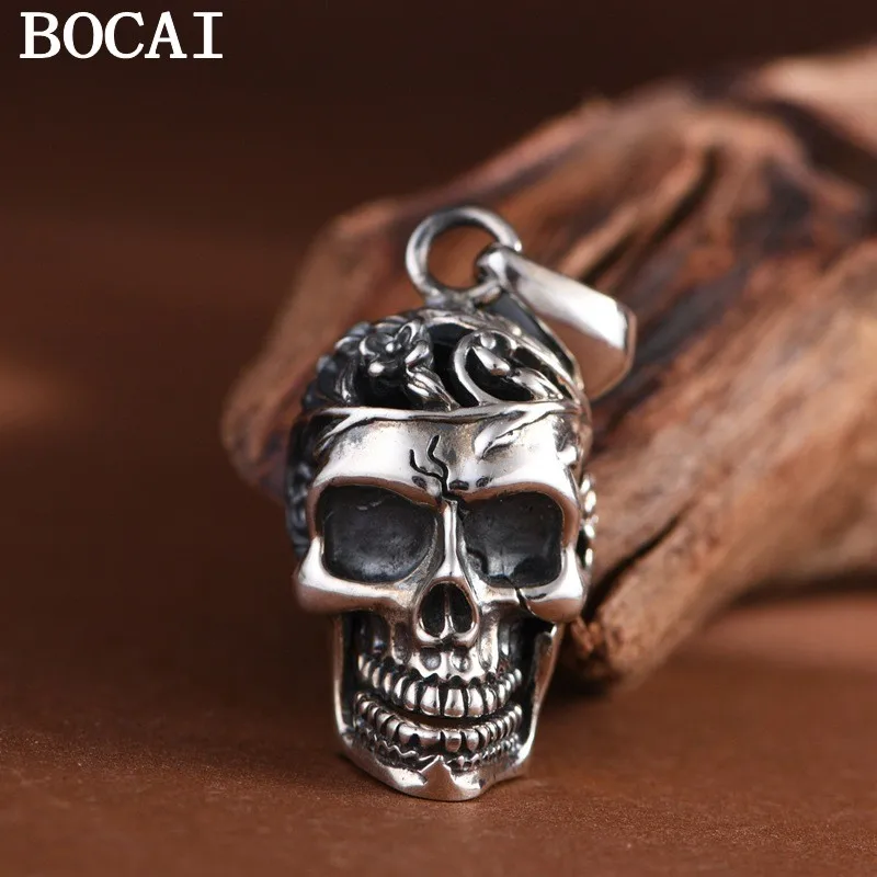 BOCAI NEW S925 Pure Silver Retro Personality Punk Hollowed Out Skull Pendant