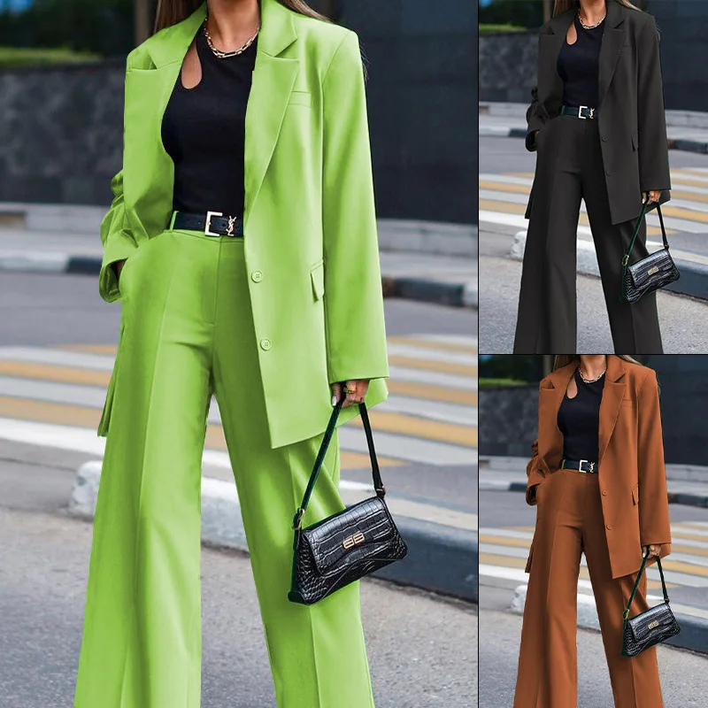 Women\'s Trousers Suit Casual Long Sleeve Jacket + Wide Leg Pant Female 2 Pieces Blazer Set Ladies Fashion Elegant Pant Suit