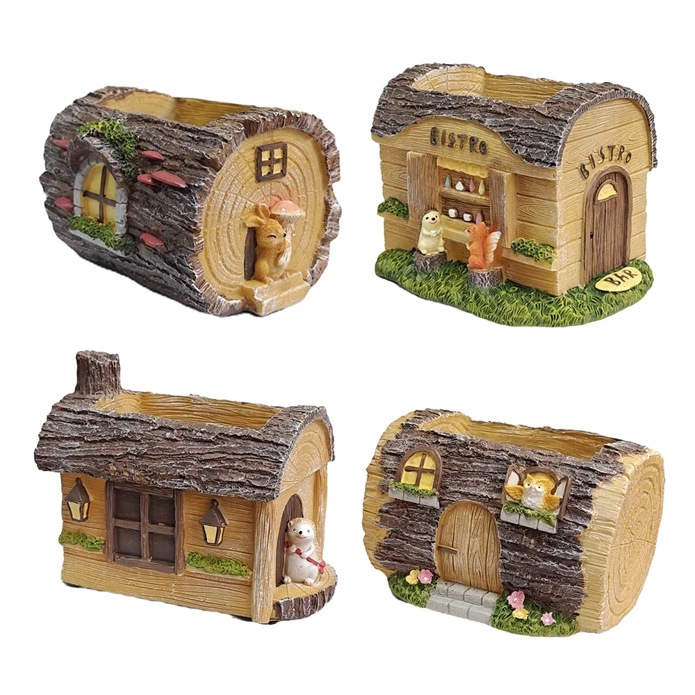 

Creative Mini Cottage Resin Planter Set with 4 Designs - Hedgehog, Owl, Bistro & Mushroom Houses, Perfect for Home Decor & Gifts