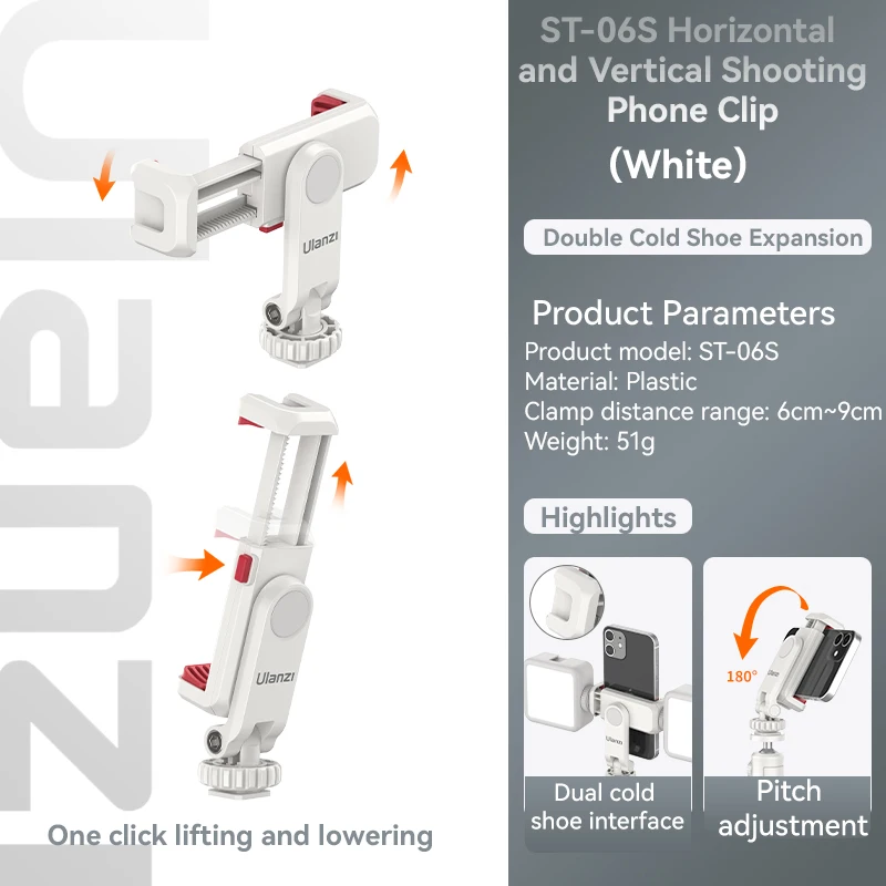 Ulanzi ST-06S Phone Holder Mount Clamp Clip Horizontal and vertical Shooting for Smartphone Cold Shoe Mount Video Light Mic