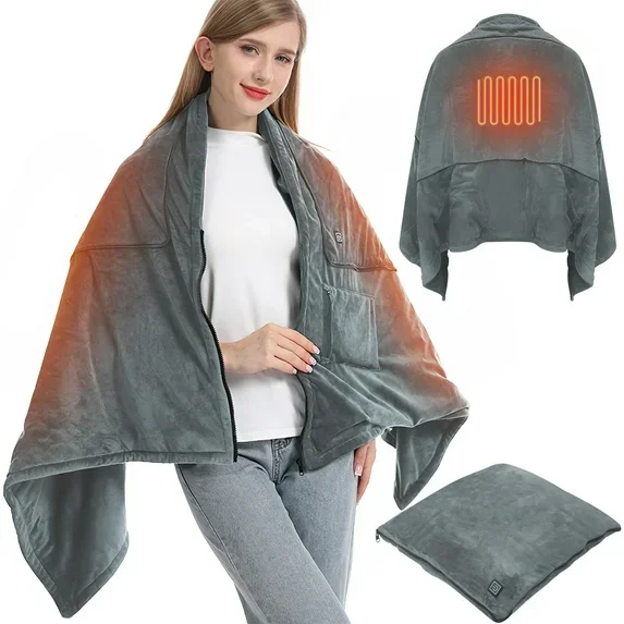 

Portable outdoor warm blanket wearable shawl washable adult winter foldable flannel electric heating throw shawl
