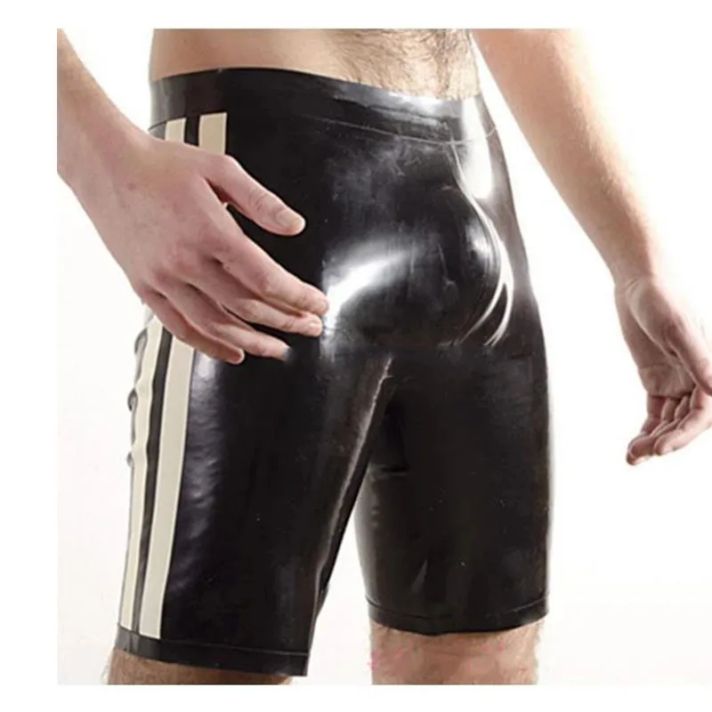 Latex Shorts Gummi Boxer mit Weiße Zierleisten Höschen Unterwäsche Kurze Hosen Party Club Tragen (keine Zip)