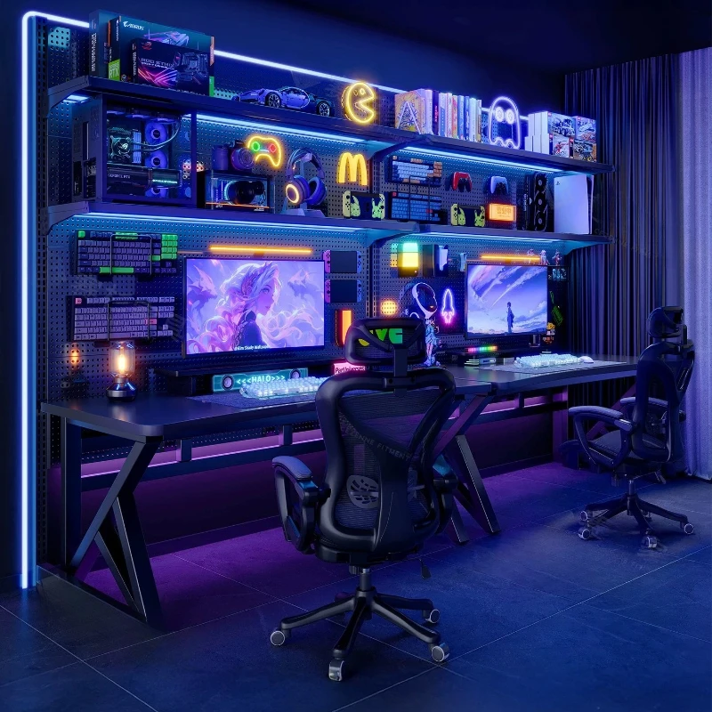 T*-Large Black Double Gaming Desk with Pegboard & RGB Light, Long Computer Workstation for 2 Players