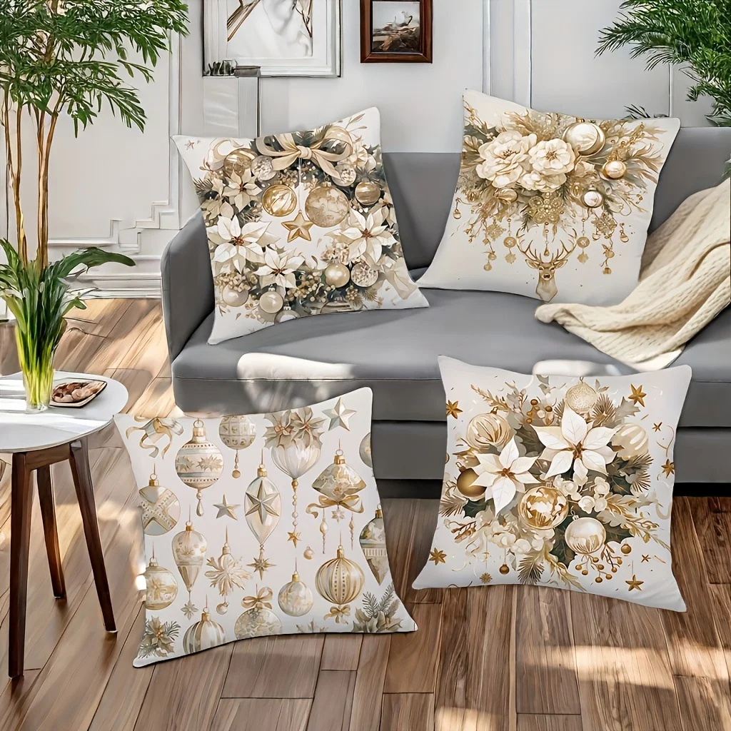 Luxury Holiday Pillow Covers Set of 4 Gold Christmas Autumn Wreath Floral Ornaments Throw Cushion Cases Boho Decor