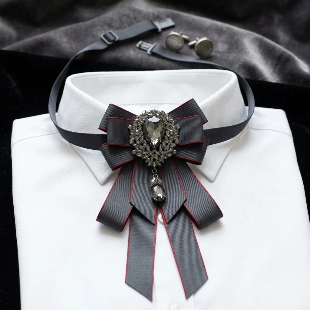 Black-Diamond Long Bows Tie for Wedding Party Shirt Decoration Accessory