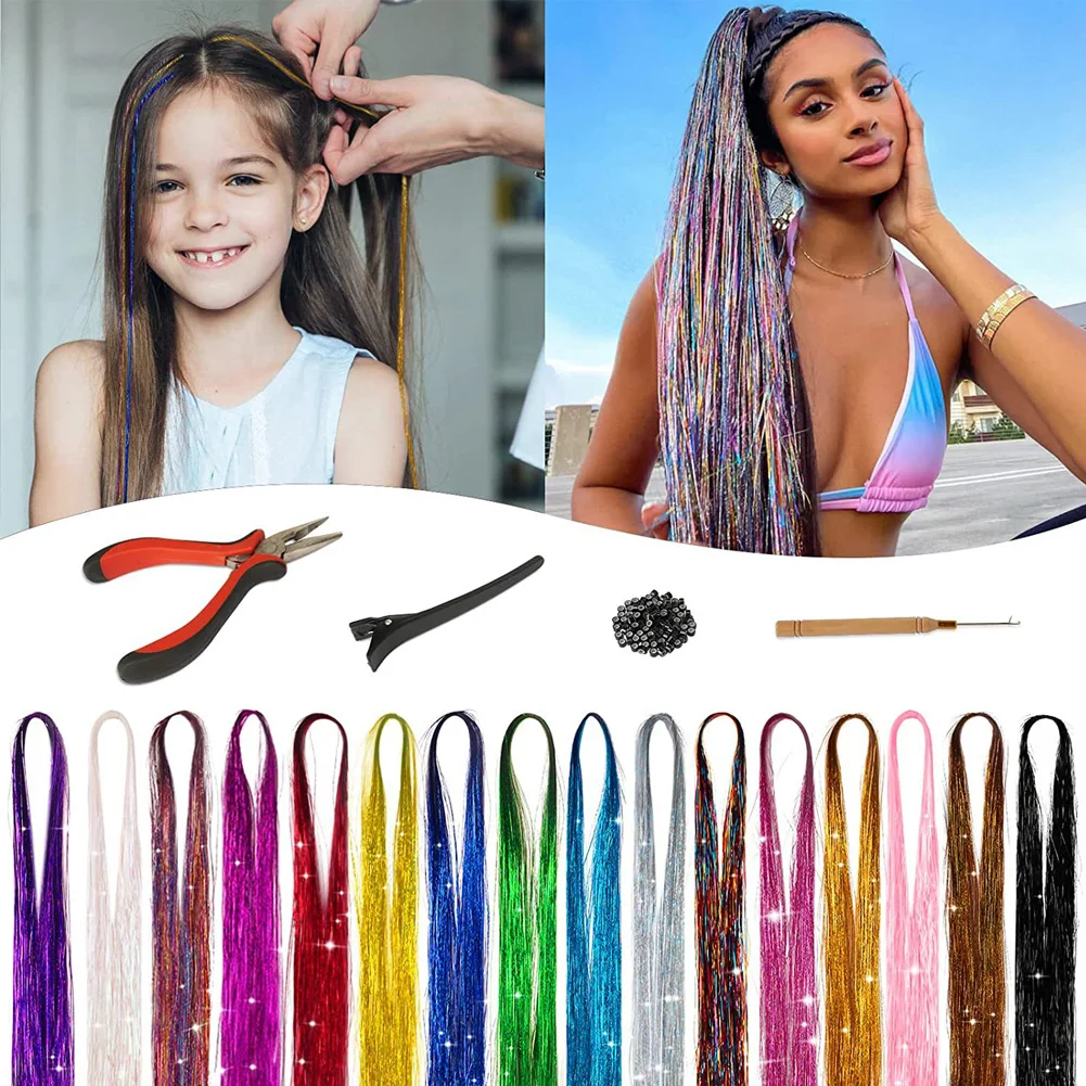 17 Colors Shiny Threads Glitter Hair Tinsel Kit Gold Silk Hair Glitter String Extensions Accessories for Women Headdress