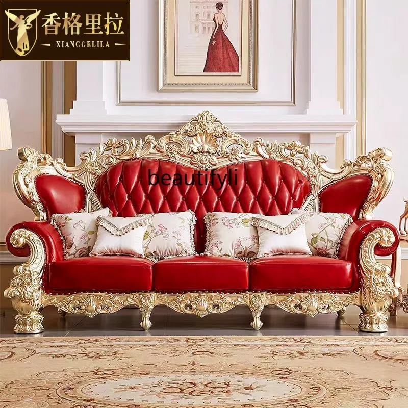 

European leather sofa full solid wood carving flower living room straight row sofa combination leather sofa