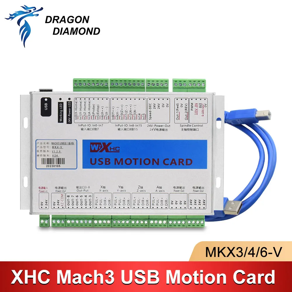 

XHC MKX-V 3/4/6 Axis CNC Motion Control Card 2000kHz Mach3 USB Controller Breakout Board For Engraving Milling Cutting Machine