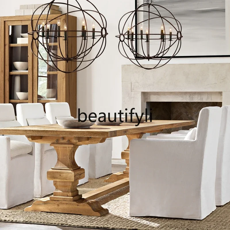 

01A American black walnut dining table, log large board long table, European and French retro old workbench