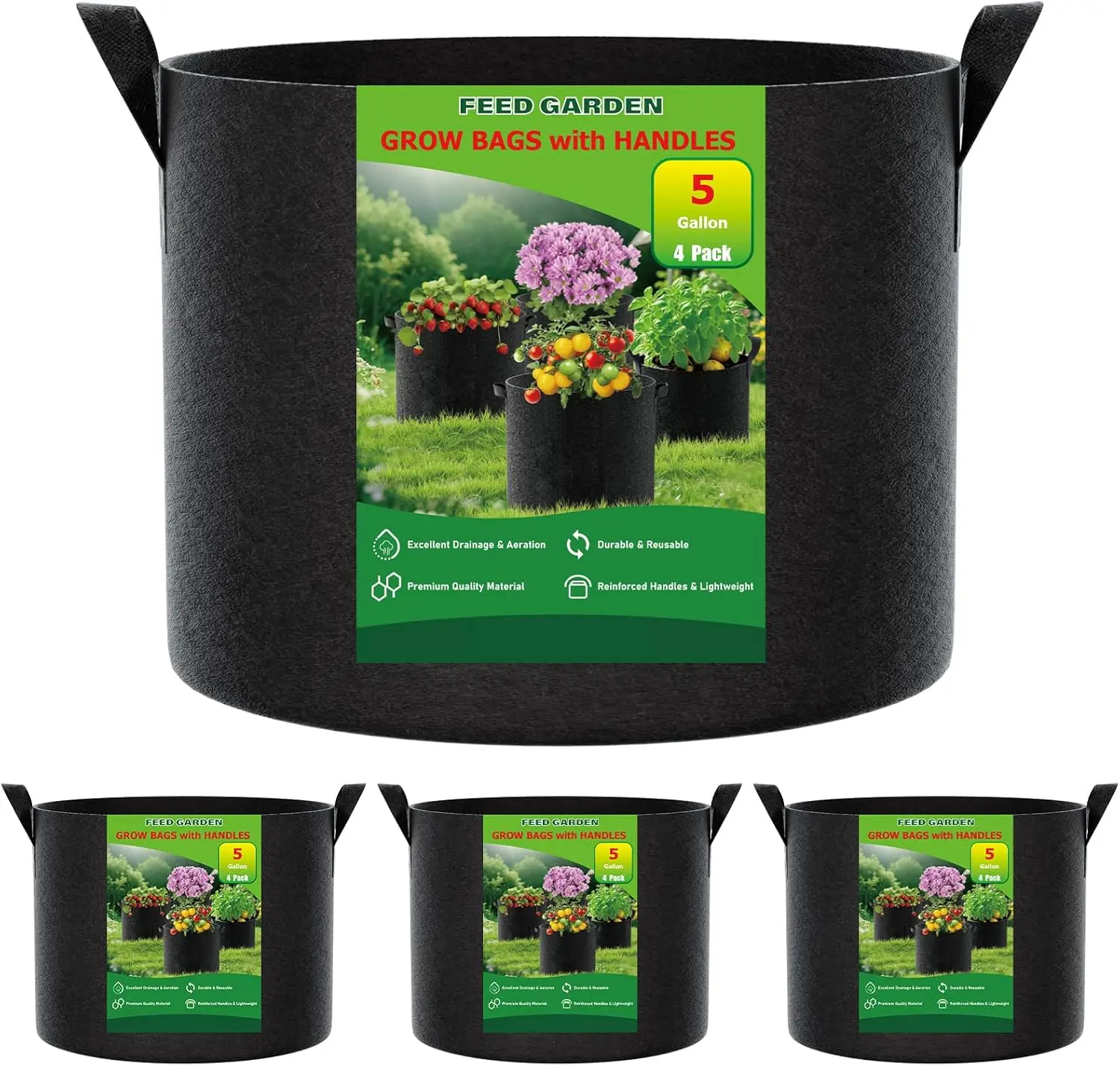 

5 Gallon Grow Bags 4 Pack – 300G Non-Woven Fabric Pots with Handles, Breathable Planters for Vegetables, Flowers & Herbs