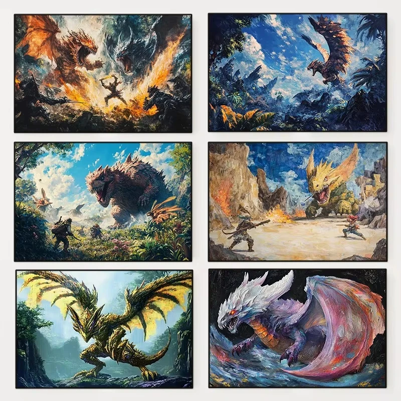 1pc frameless canvas Monster Hunter Ai World Poster Vintage Fantasy Video Game  Wall Art for Living Room Home  Gift for Gamer