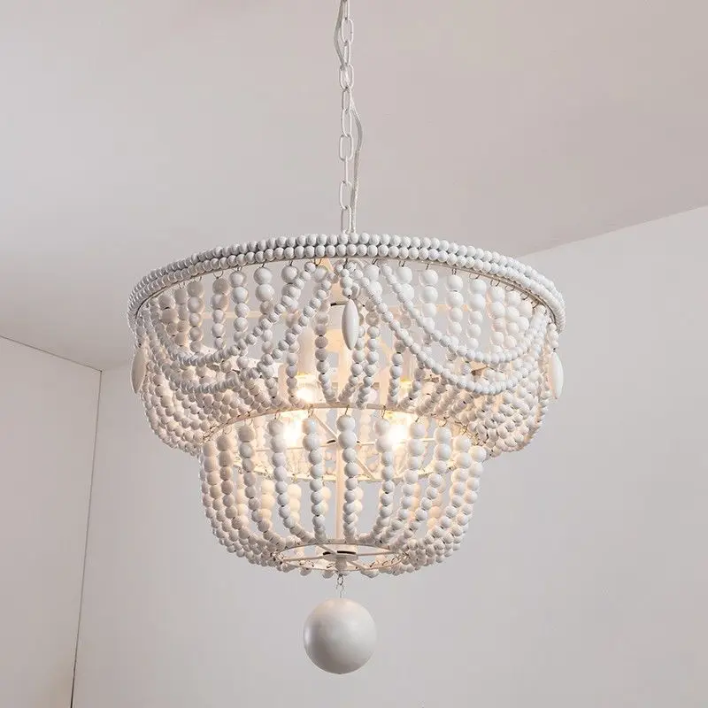 

French Vintage Bedroom Chandelier Wood Beads Bohemian Style Cream Princess Kids Room Lighting