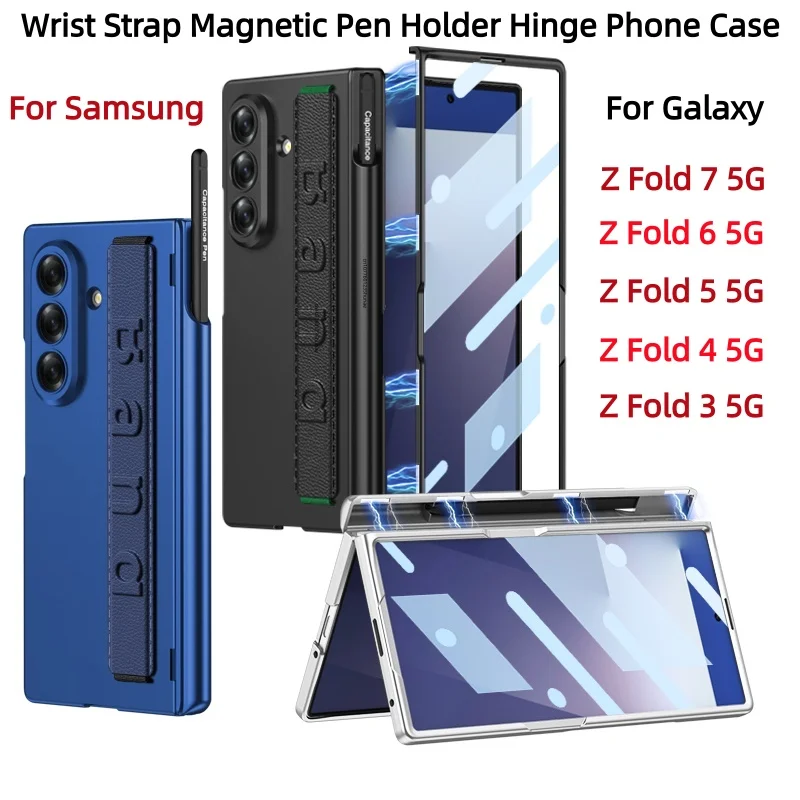 

Wrist Strap Magnetic Pen Holder Hinge Phone Case For Samsung Galaxy Z Fold 7 6 5 4 3 5G With Screen Glass Hard Shockproof Cover
