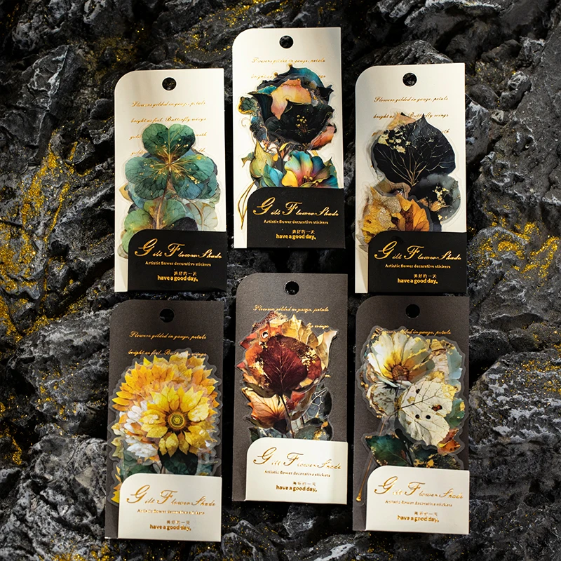 JIANQI 10 Stück/Packung Vintage Goldprägung Blumenaufkleber ästhetische Kreativität Dekor Junk Journal Scrapbooking Materialzubehör