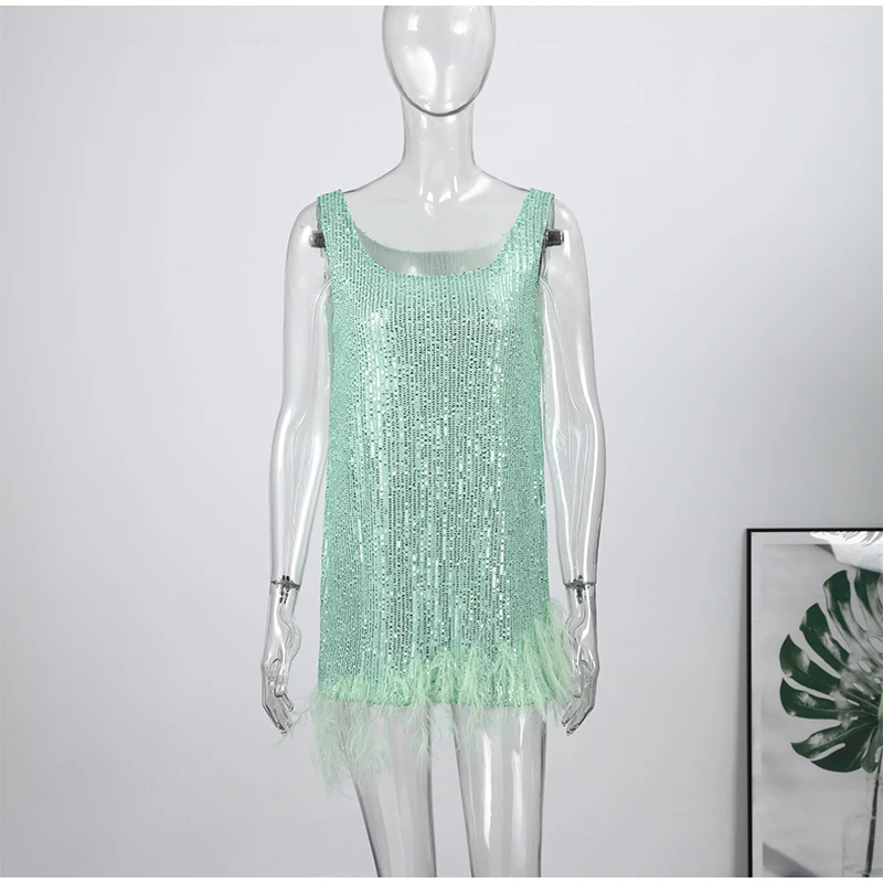 Feather Patchwork Sequin Evening Women Dress Loose Sleeveless A-line Loose Mini Vestidos 2026 Summer Party Street Lady Dresses
