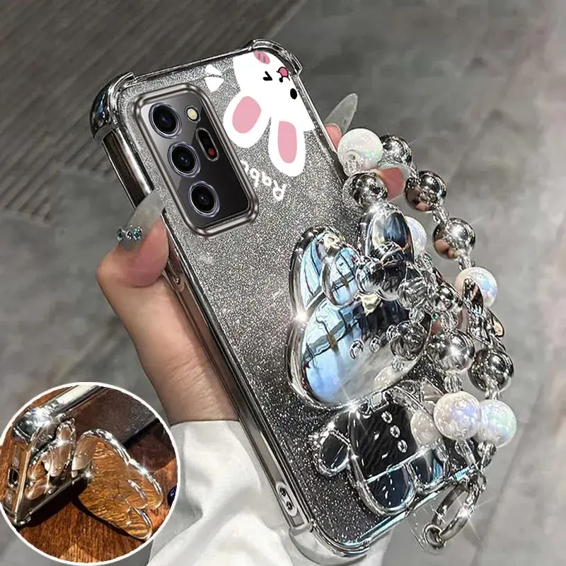 Airbag Glitter Mirror Rabbit Phone Holder Case On For Samsung Galaxy Note 10 20 Ultra Plus Note20Ultra 5G Anti-knock Stand Cover