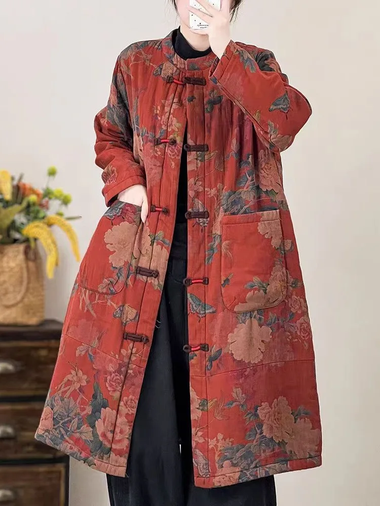 

Thiened Cotton Jaet Women's Long Sve Print Button Coat Winter Improved Version Large Coat Added Cotton Thiened Cotto...