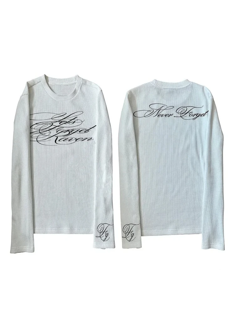 American Retro High Street Gothic Long Sleeved T-shirt Fashionable Versatile Dark Letter Printed Top Harajuku Aesthetic Punk Tee