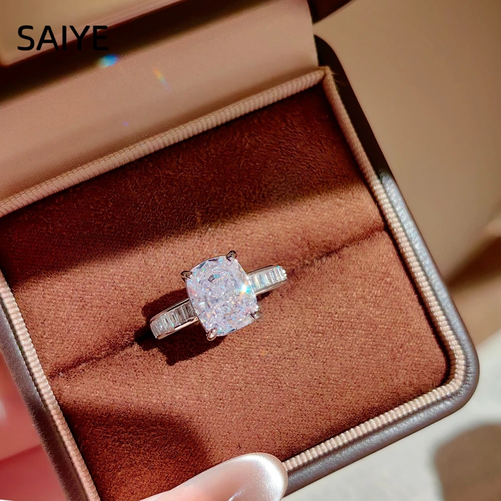 925 Sterling Silver Cushion Cut Cubic Zirconia Ring Baguette Side Stones Band Four‑Prong Setting Sparkling Women Jewelry Gift