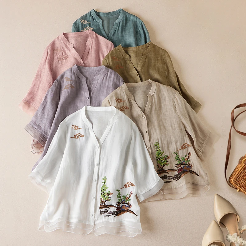 Cotton Linen Shirt Women Summer New Ramie Embroidery V-neck Loose Tops Blouse Casual