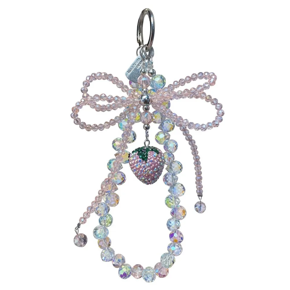 

Fashion Crystal Phone Chain Strawberry Rhinestone Beaded Bead Bow Pendant Knot Rope Keychain Key Accessory