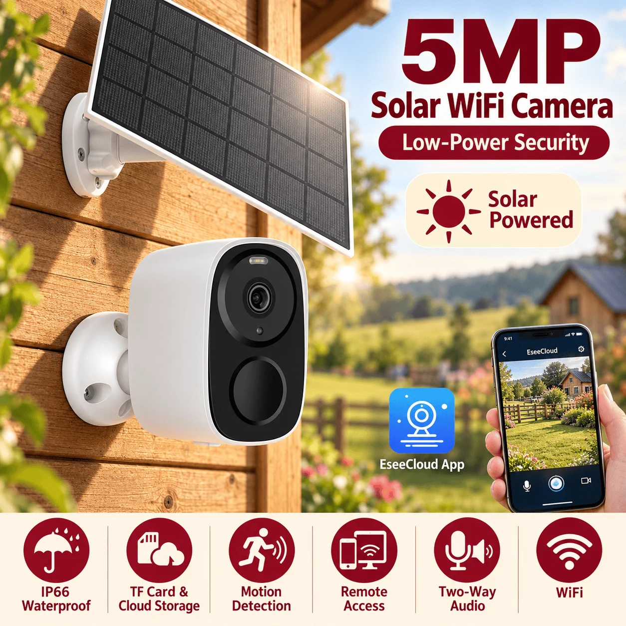 Telecamera di sicurezza IP da esterno senza fili con pannello solare, 5MP, alimentata a batteria, impermeabile, sistema di videosorveglianza CCTV, telecamera smart per la casa, con connettività WiFi,