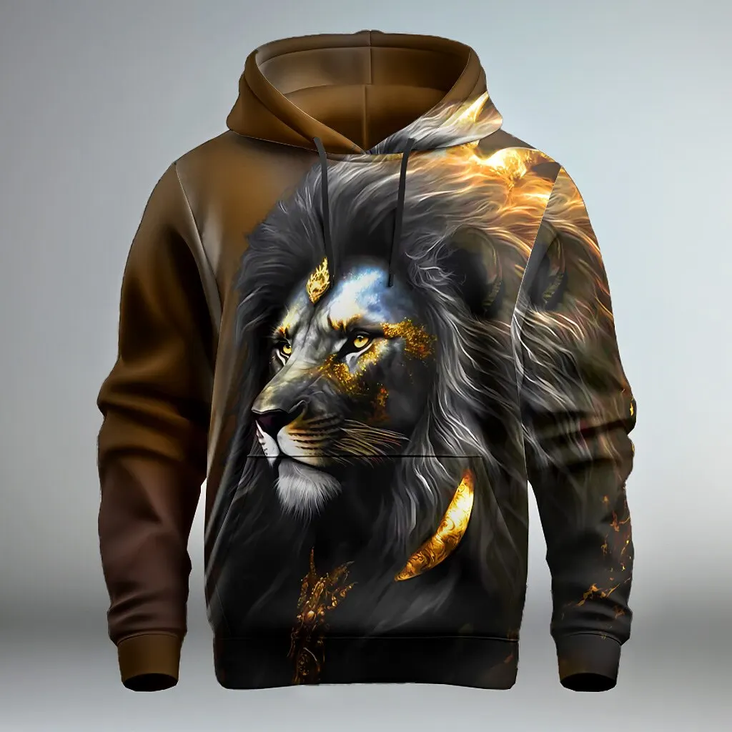 Fashion Cool Lion Pattern Men's Hoodies 3D Print Stylish Animal Graphic Long Sleeved Pullover Autumn Winter Daily Casual Clothes