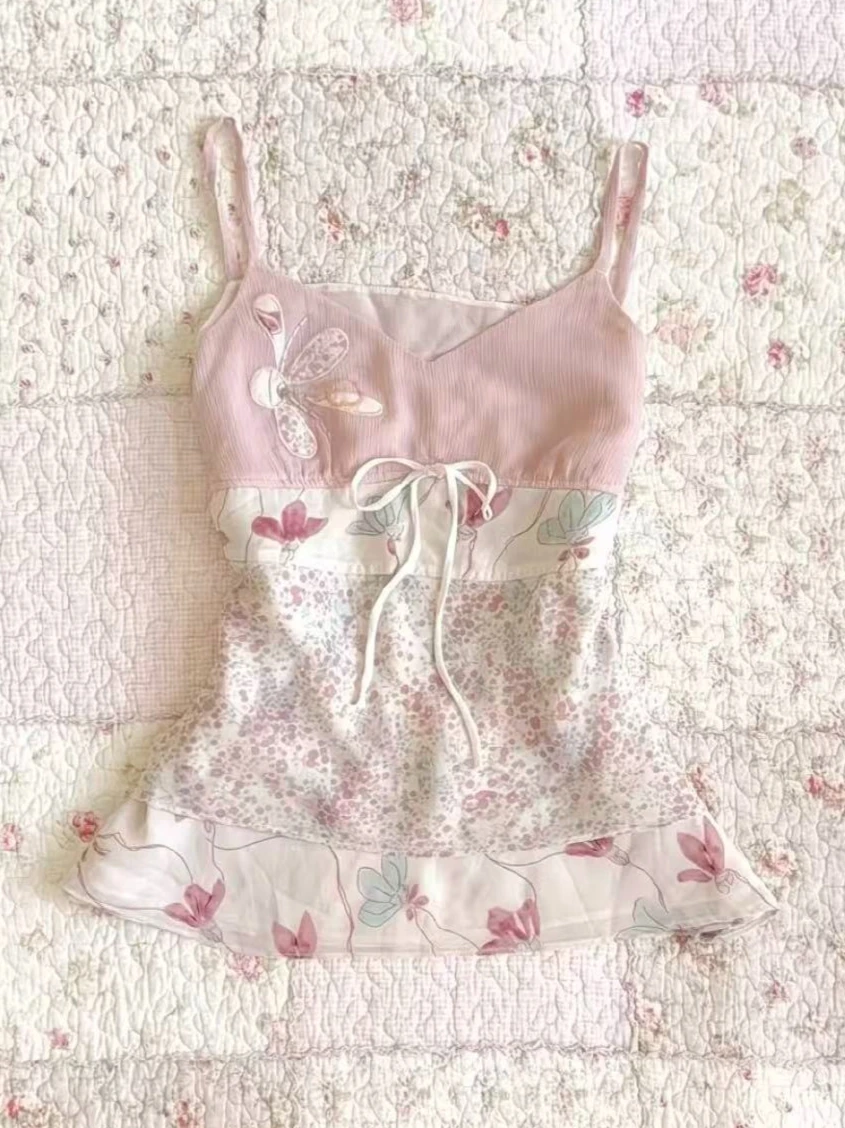 Women Retro Y2K Cottagecore Cami Tank Top Spaghetti Strap Floral Patchwork Bow Tie Back Sleeveless Slim‑Fit  Casual Party Tops