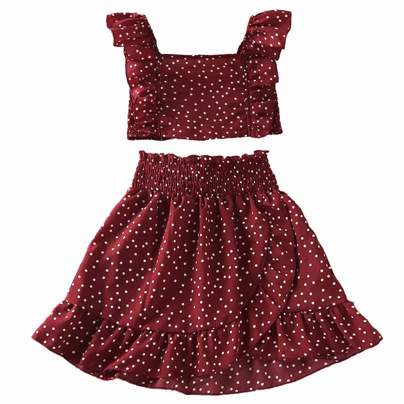 Polka Dot Girl Cloth Set Crop Top Skirt Chiffon Chic Elegant Outfit Kids Children Clothes Boutique Teenager Suits Plus Size