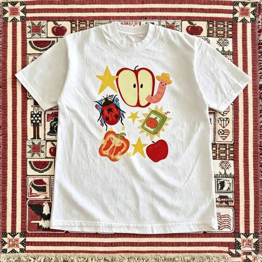 Women Unisex Cottagecore Casual Tops 1Pc Crew Neck Short Sleeve Retro Cartoon Fruit Vegetable Apple Ladybug Collage Print Fun Streetwear Tees