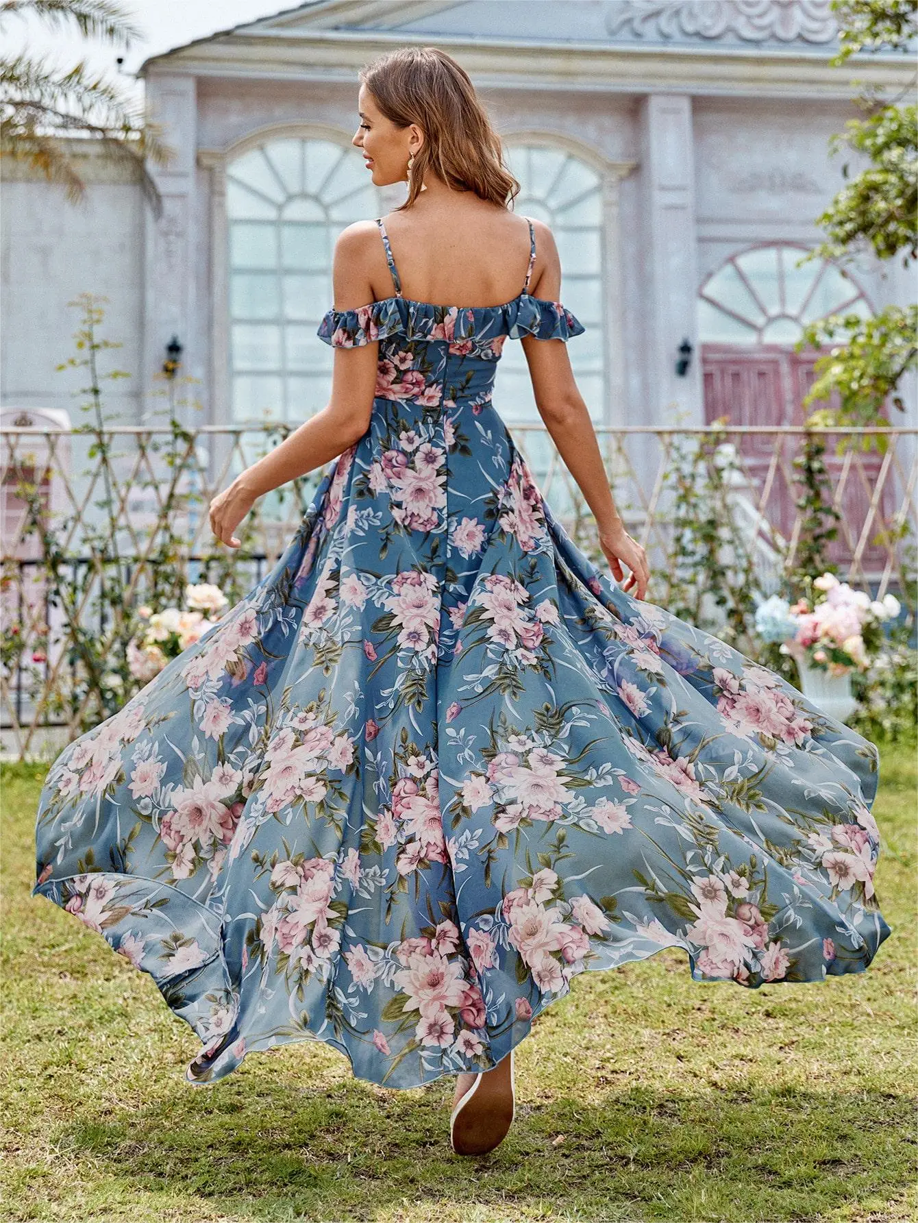 Mgiacy Schulterfreies, kurzes, langes, elegantes Chiffonkleid mit Blumenmuster vorne