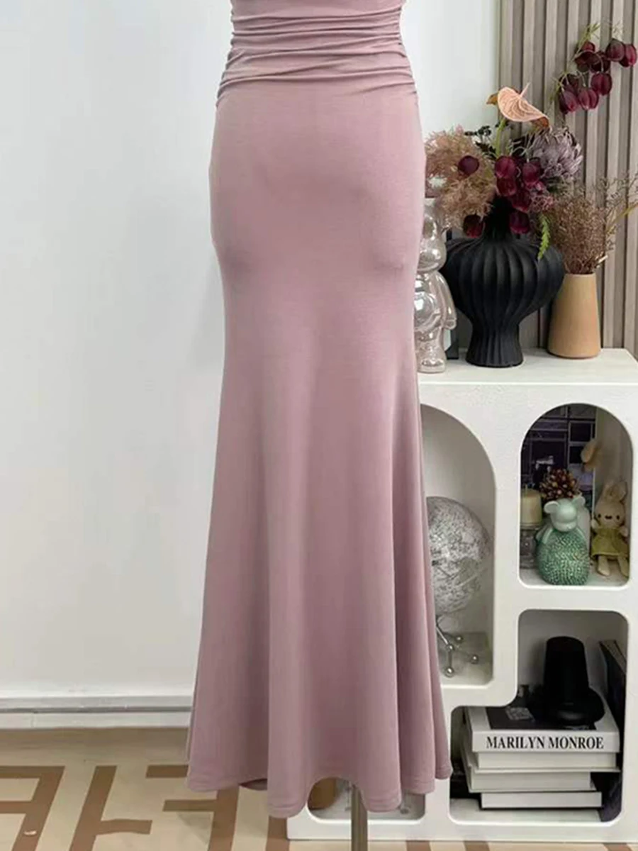 VGH Pink Stretch Knit Midi Maxi Dress for Women Halter Neck Gathered Bust Slim Mermaid Floor Skirts for Soft Tone Outfit Banquet view 6