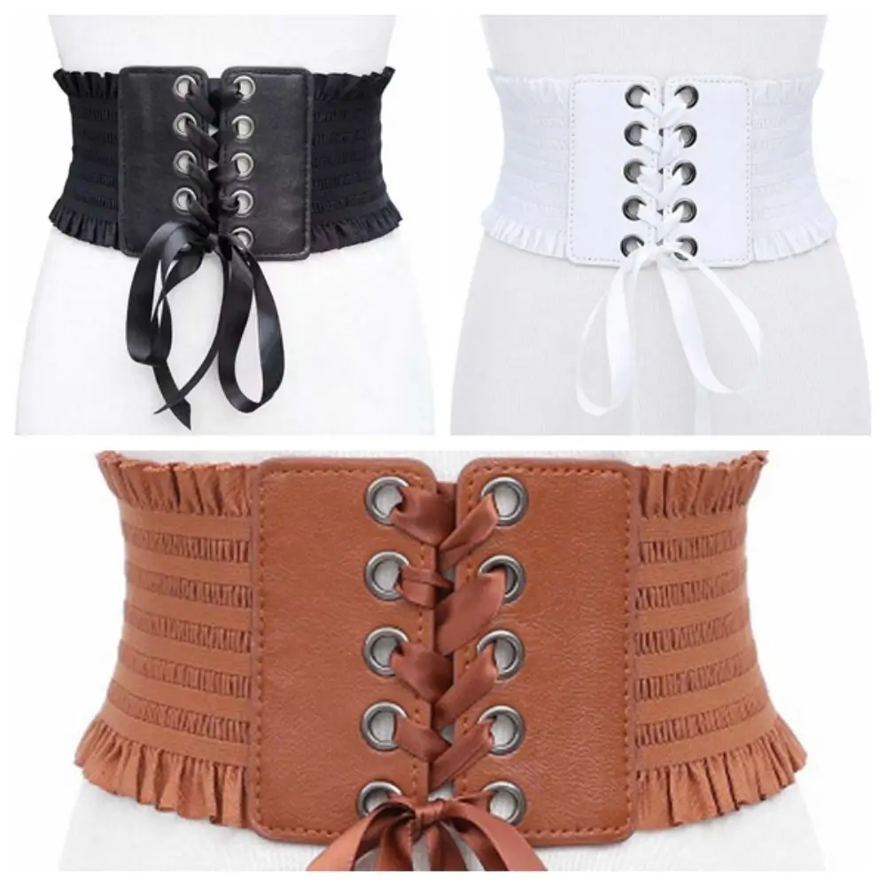 Fashion Adjustable Elastic Pleated Cummerbunds Polyester Strap Rope Wide Corset Waistband PU Soft Elastic High Wide Belt Gift