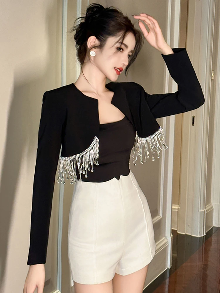 Nieuwe Dames Elegante Luxe Prom Zwart Formeel Kort Pak Blazer Vrouwen Kleding Chique Sexy Cropped Jas Jas Mujer Cardigan Outwear