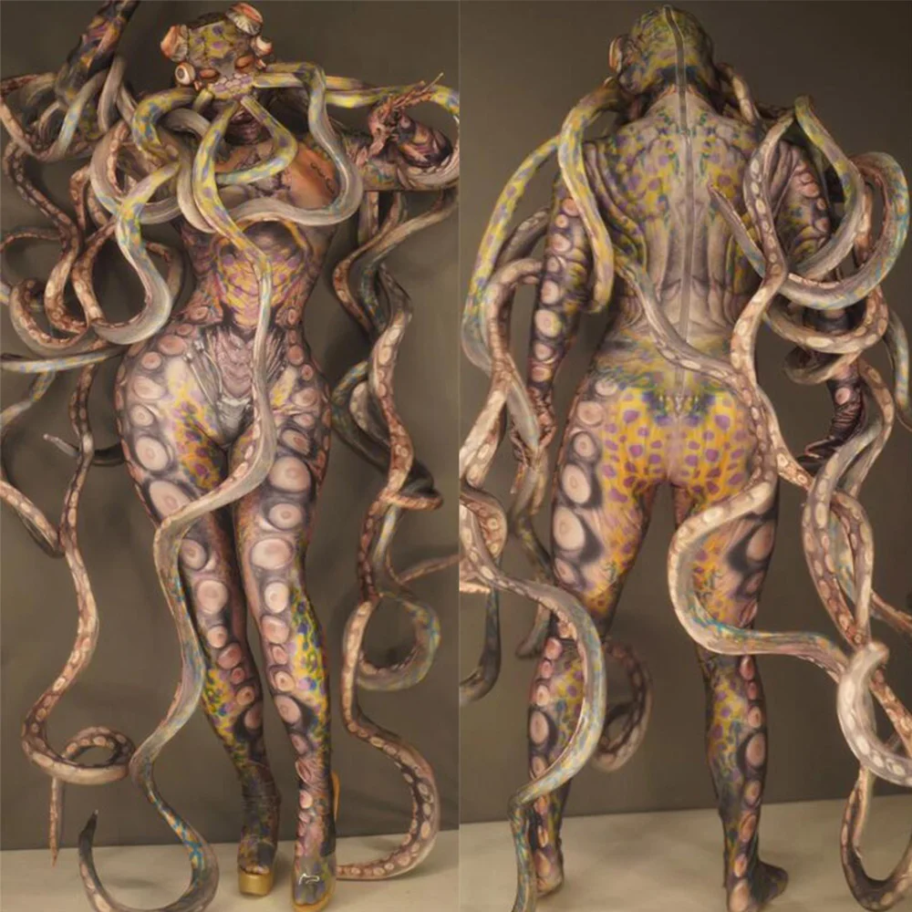 Horrifying Octopus Monster Tentacle Women Men Stage Jumpsuits Role-Playing Elastic Bodysuit Halloween Cosplay Party Costumes