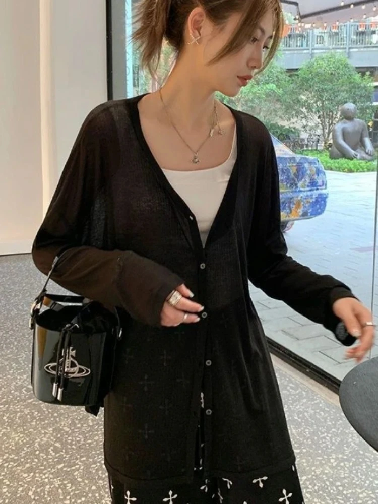 Women's V-Neck Long Sleeve Cardigan Sun Protection Lightweight Knitwear Spring Summer 2025 Casual Beachwear Top Knitted Cardigan