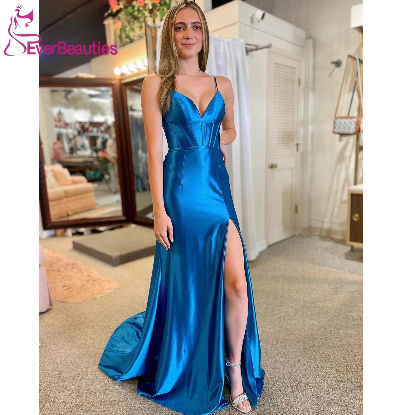 

Satin Mermaid Long Prom Dresses 2024 V Neck Sexy Vestidos De Gala Mujer Side Slit Evening Party Dress for Women