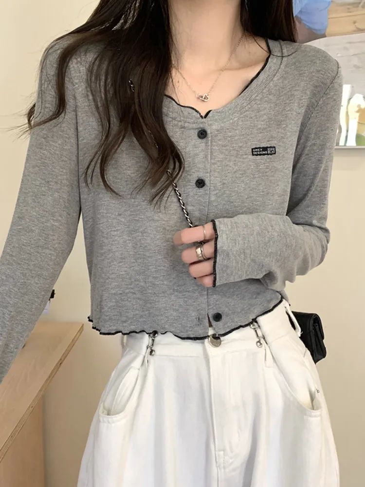 2026 Elegant French Ruffle Long Sleeve Cardigan Women Contrast Color Cropped Unique Design Sweet Age reducing Spring Summer Top