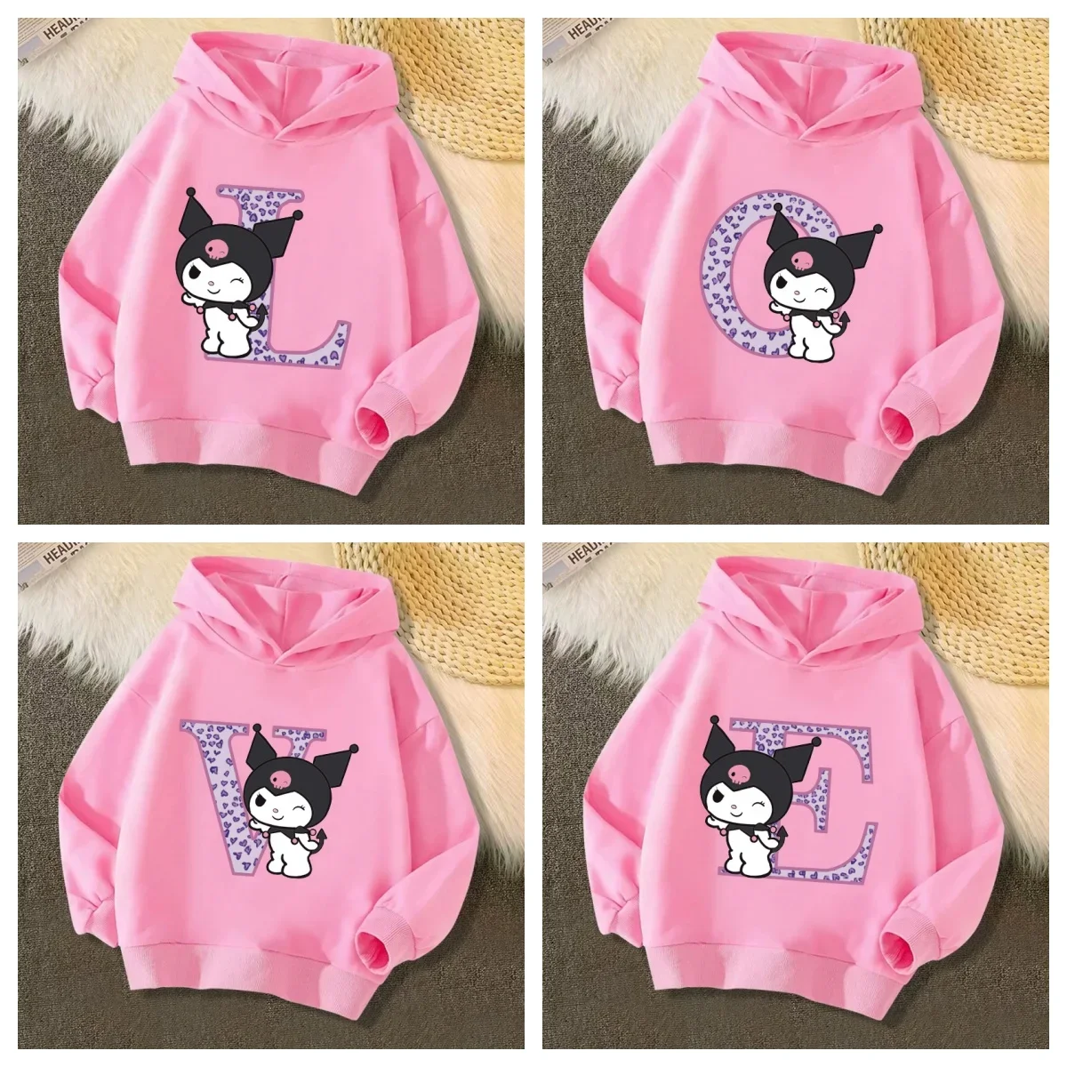 

Anime Kuromi Letter A-Z Children's long-sleeved New Sanrio autumn hoodie Clothes Girly Heart Soft Clothes Kawaii Birthday Gift