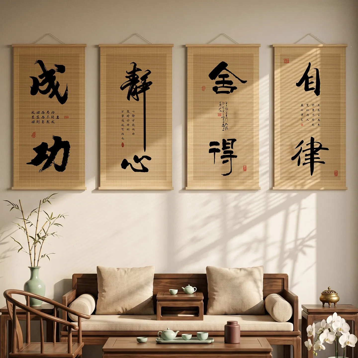 Wall Art Motivational Scripture Bamboo Scroll Painting Chinese Style for Tea House Meditation Room Mindful Living ﻿room decor