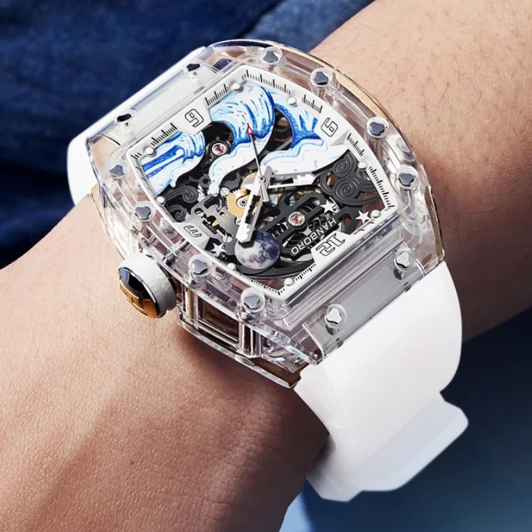 

HANBORO Мужские автоматические часы 42,5 мм Механические наручные часы Tonneau Акриловый корпус Водонепроницаемый светящийся скелетный волнистый циферблат