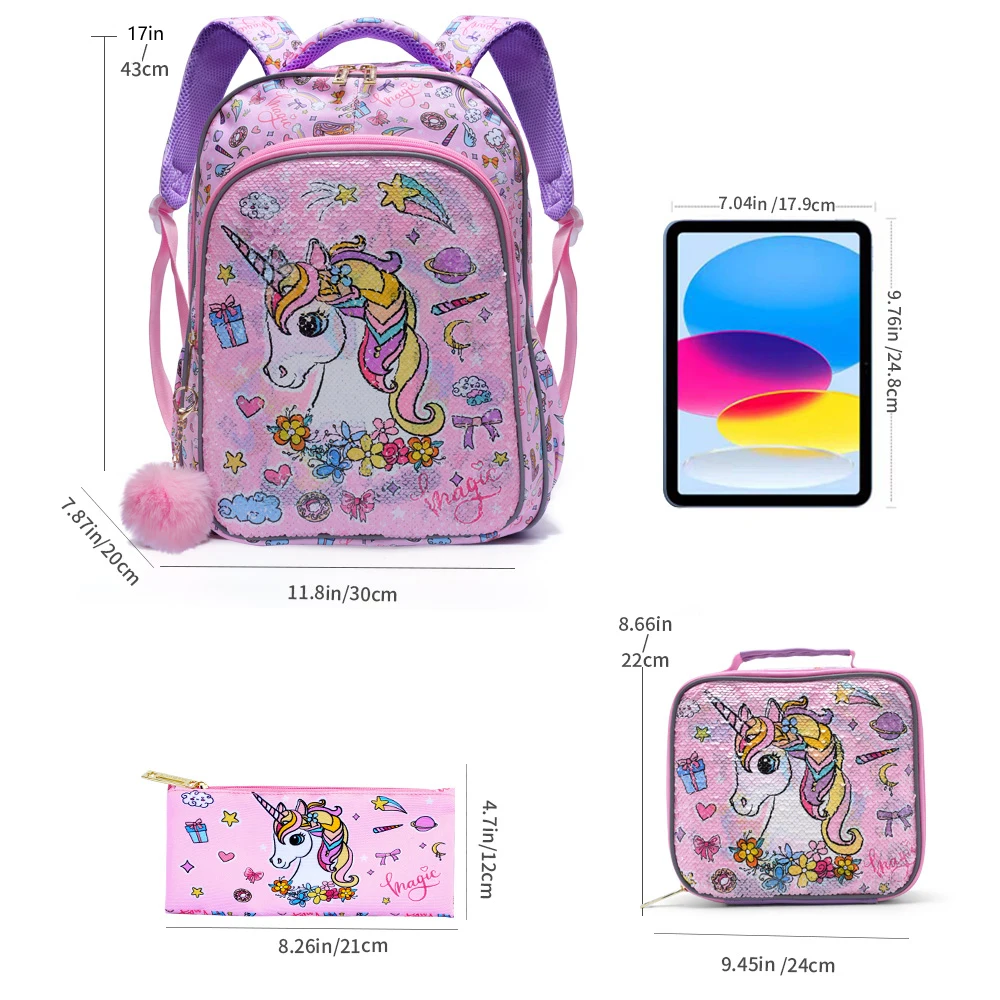 3PCS set Backpack For Girls Kids School BookBag With Lunch And Pen Bag Pink Unicorn Cute sequin Glow-in-the-dark Function