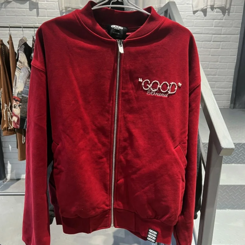 

255ss Новые зимние черные пальто GOODBRAND с жемчужным логотипом Love Is Good Слоган с жемчужным логотипом и v-образным вырезом на молнии Куртка для мужчин и женщин Бейсбольная майка