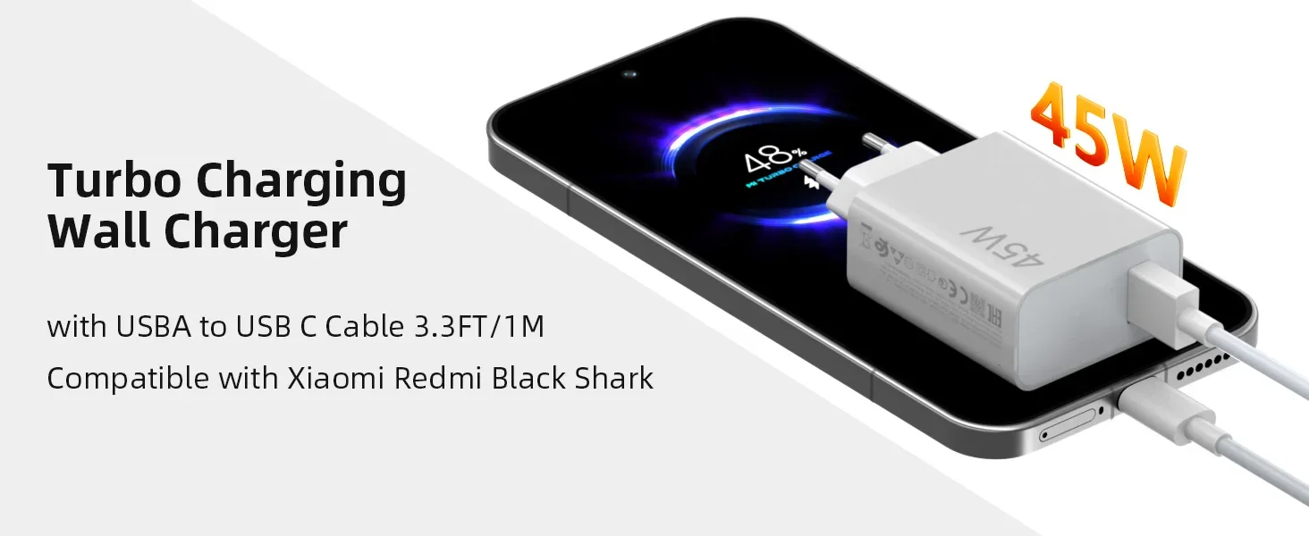 45W For XIAOMI Charger Type C Turbo Charge Fast Charging Charger Redmi Note 15 14 13 12 11 X Pro 10t Poco M7 X7 K40 Pad 6
