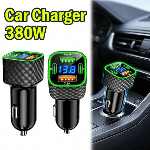 4 in 1 Car Converter Super Fast Charge Dual Type-C PD 380W with Voltage Display Auto Charger for iPhone Xiaomi for Truck Sedan