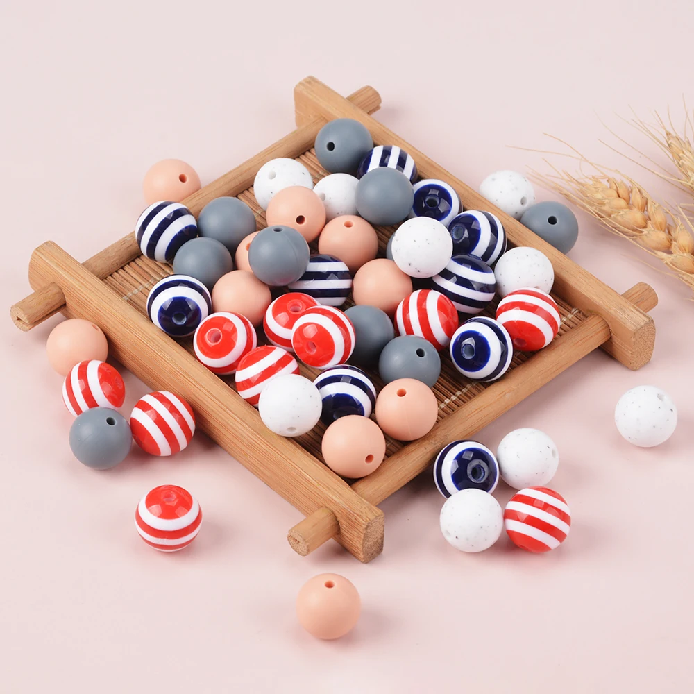 LOFCA 15mm 50pcs/lot Striped acrylic beads/silicone safety round teeth jewelry treasure teething beads DIY